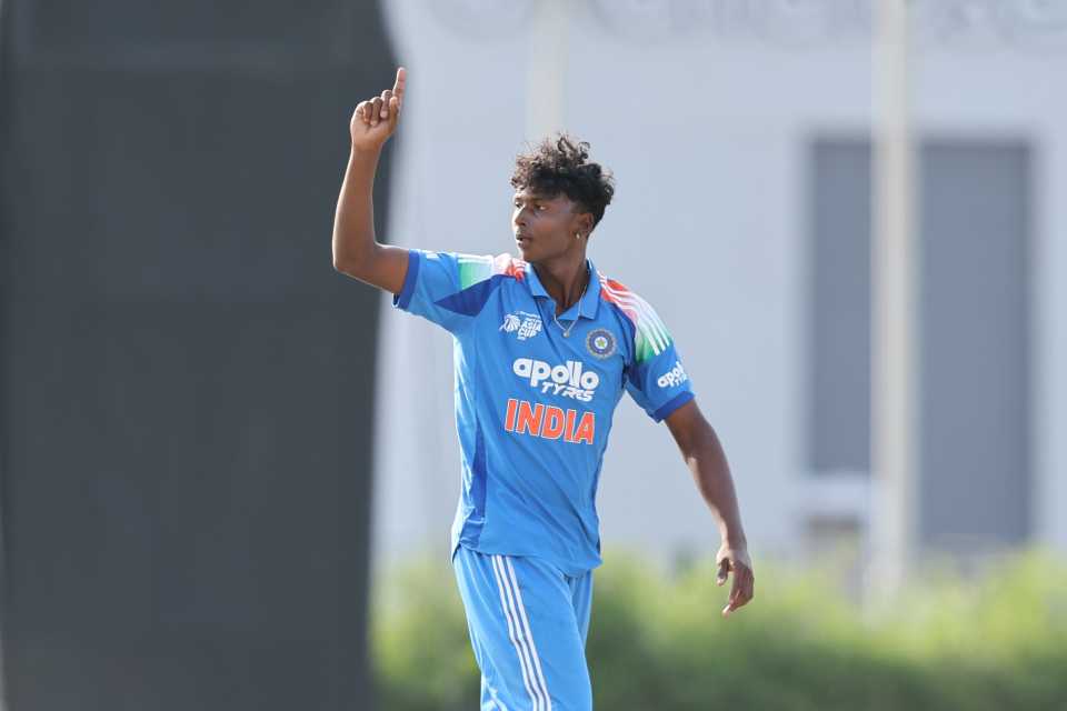 Deepesh Devendran celebrates a wicket, India vs Pakistan, Under-19 Asia Cup, Dubai, December 14, 2025