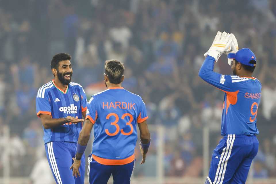 Jasprit Bumrah celebrates the dismissal of Quinton de Kock, India vs South Africa, 5th T20I, Ahmedabad, December 19, 2025
