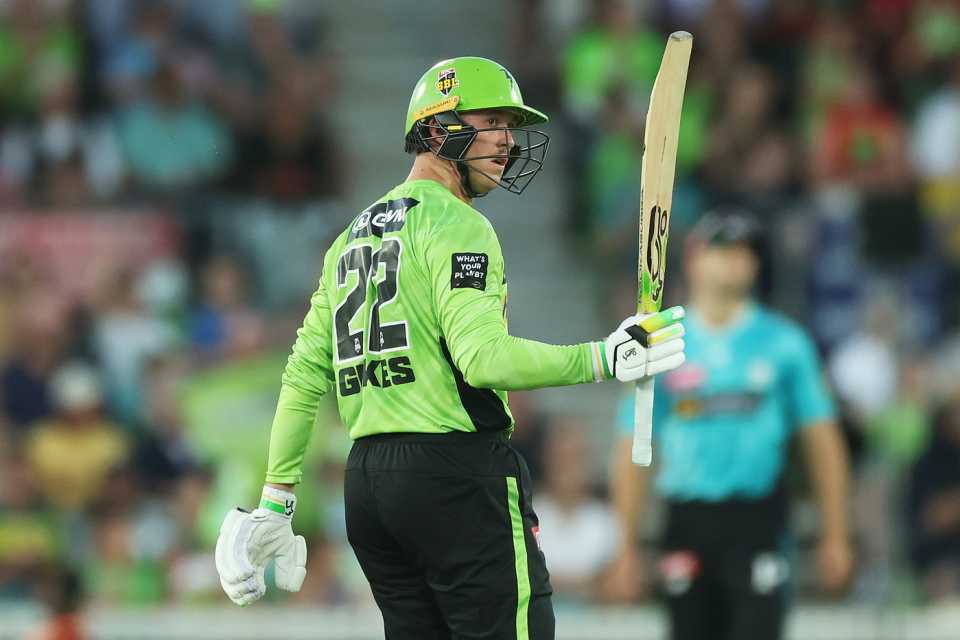 Matthew Gilkes celebrates his fifty, Sydney Thunder vs Brisbane Heat, BBL 2025-26, Canberra, December 22, 2025