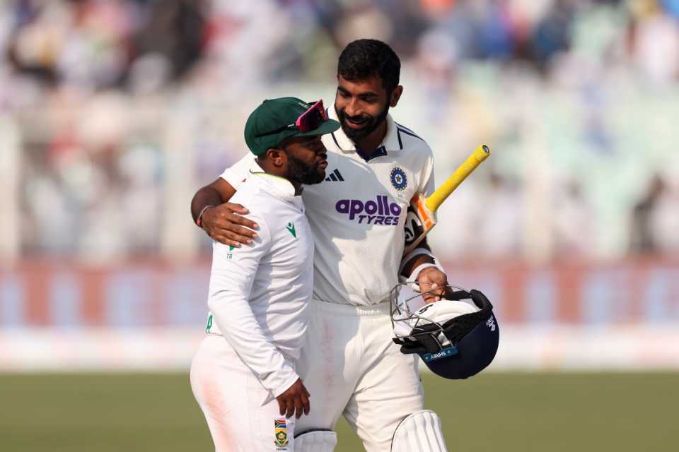 Jasprit Bumrah congratulates Temba Bavuma after South Africa go 1-0 up, India vs South Africa, 1st Test, Kolkata, 3rd day, November 16, 2025