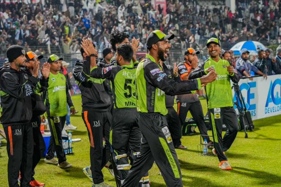 The Titans players celebrate a last-ball win, Noakhali Express vs Sylhet Titans, BPL 2025-26, Sylhet, December 27, 2025