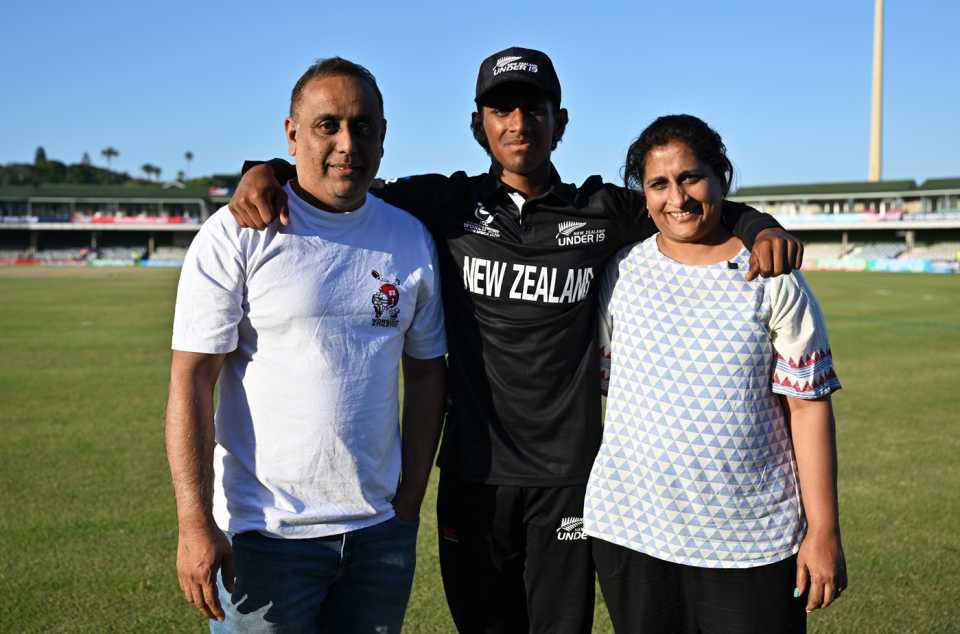 Snehith Reddy with his parents at the 2024 Under-19 World Cup, Nepal vs New Zealand, East London, Under-19 Men's World Cup, January 21, 2024
