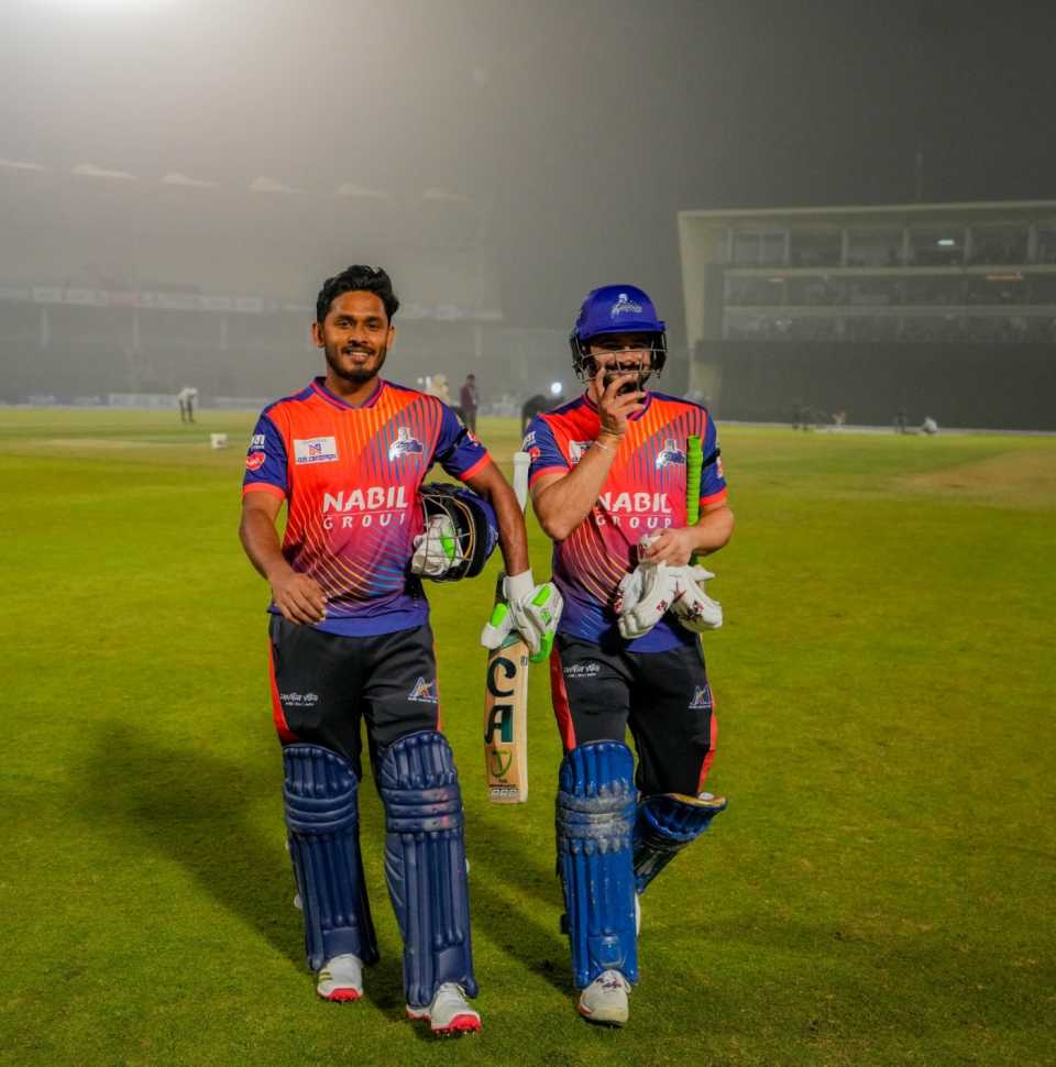 Tanzid Hasan and Sahibzada Farhan walk back after sealing the Super Over win, Rajshahi Warriors vs Rangpur Riders, BPL, Sylhet, January 1, 2026