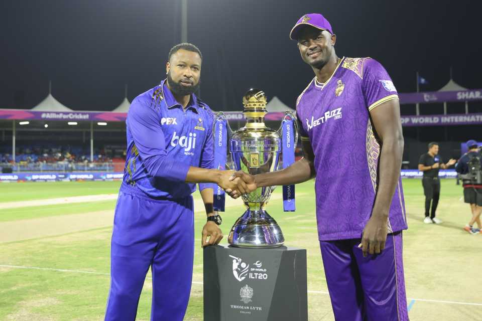 Jason Holder and Kieron Pollard pose for a photo, Abu Dhabi Knight Riders vs MI Emirates, ILT20, Sharjah, January 2, 2026