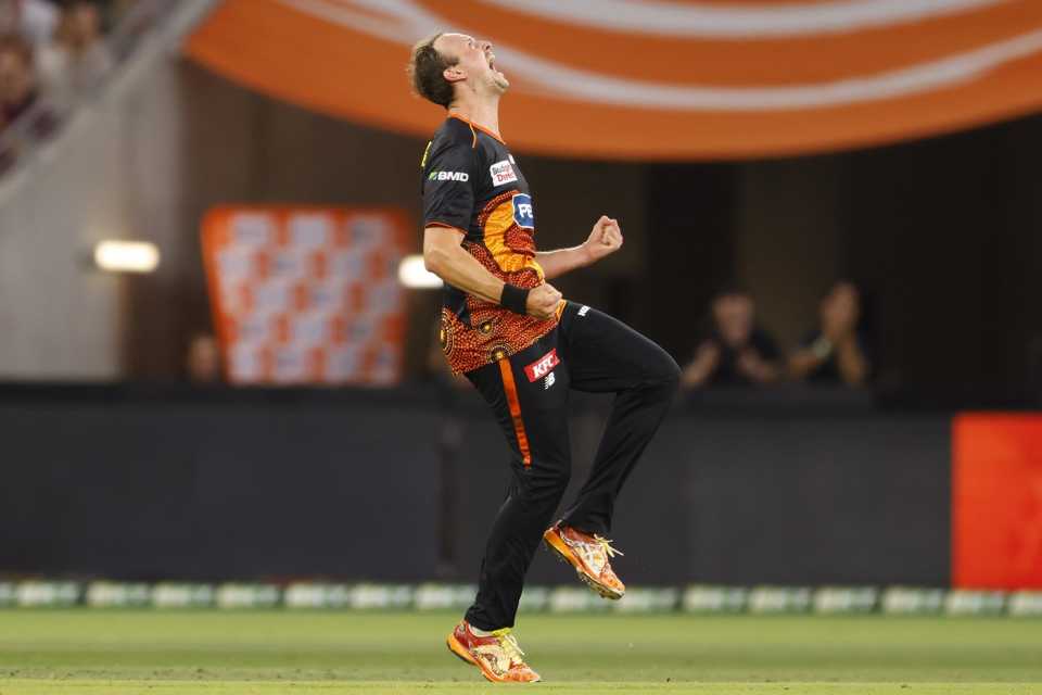 Joel Paris celebrates a wicket, Perth Scorchers vs Adelaide Strikers, Perth, BBL, January 4, 2026