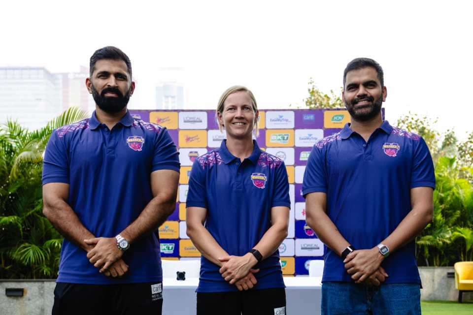 Meg Lanning with UP Warriorz head coach Abhishek Nayar and COO Kshemal Waingankar, Navi Mumbai, January 1, 2026