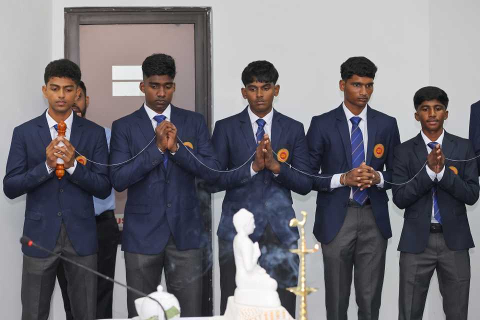 Sri Lanka's Vimath Dinsara, Kavija Gamage, Senuja Wekunagoda, Kugathas Mathulan and Vigneshwaran Akash before departing for the Under-19 World Cup, Colombo, January 1, 2026