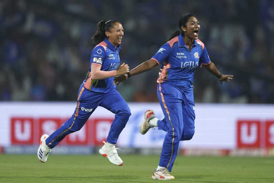 Shabnim Ismail, S Sajana wheel away in celebration, Mumbai Indians vs Delhi Capitals, WPL 2026, Mumbai, January 10, 2026