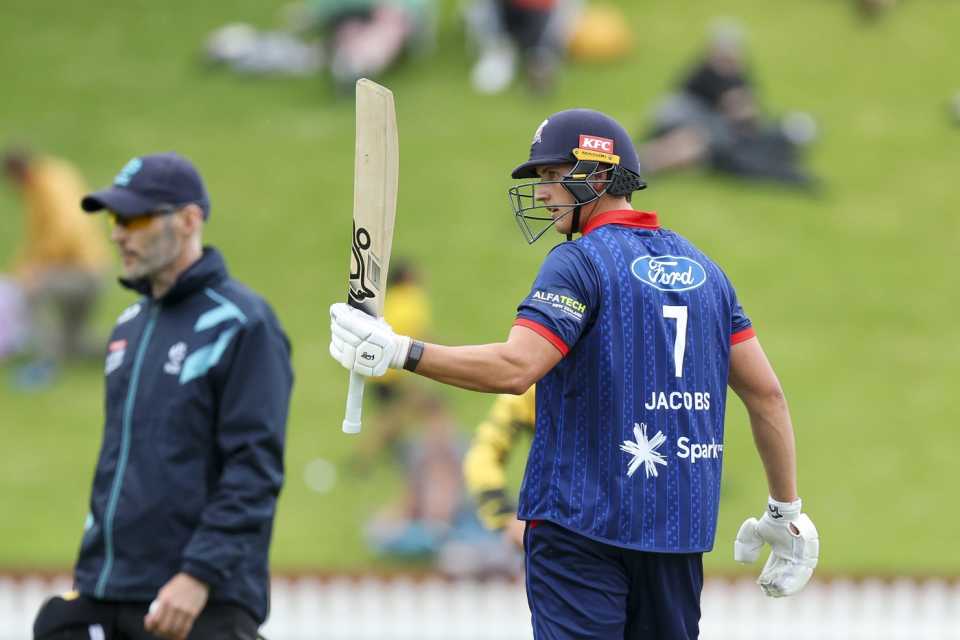 Bevon Jacobs celebrates his fifty, Wellington Firebirds vs Auckland Aces, Super Smash, Wellington, December 29, 2025