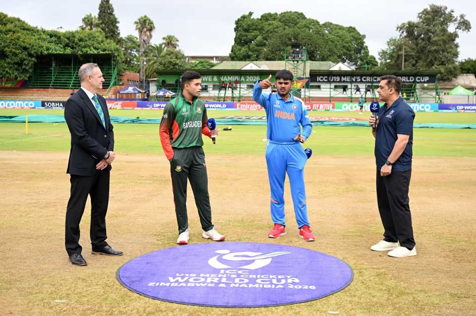Zawad Abrar and Ayush Mhatre at the toss, Bangladesh vs India, ICC Men's Under-19 World Cup, Bulawayo, January 17, 2026