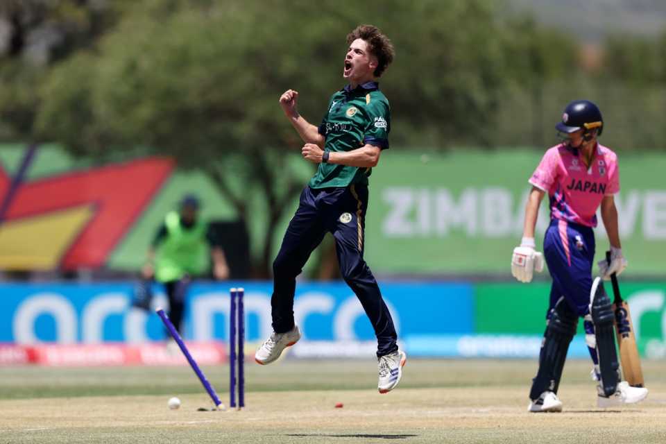 Adam Leckey is pumped after a wicket, Ireland vs Japan, Men's Under-19 World Cup, Windhoek, January 22, 2026
