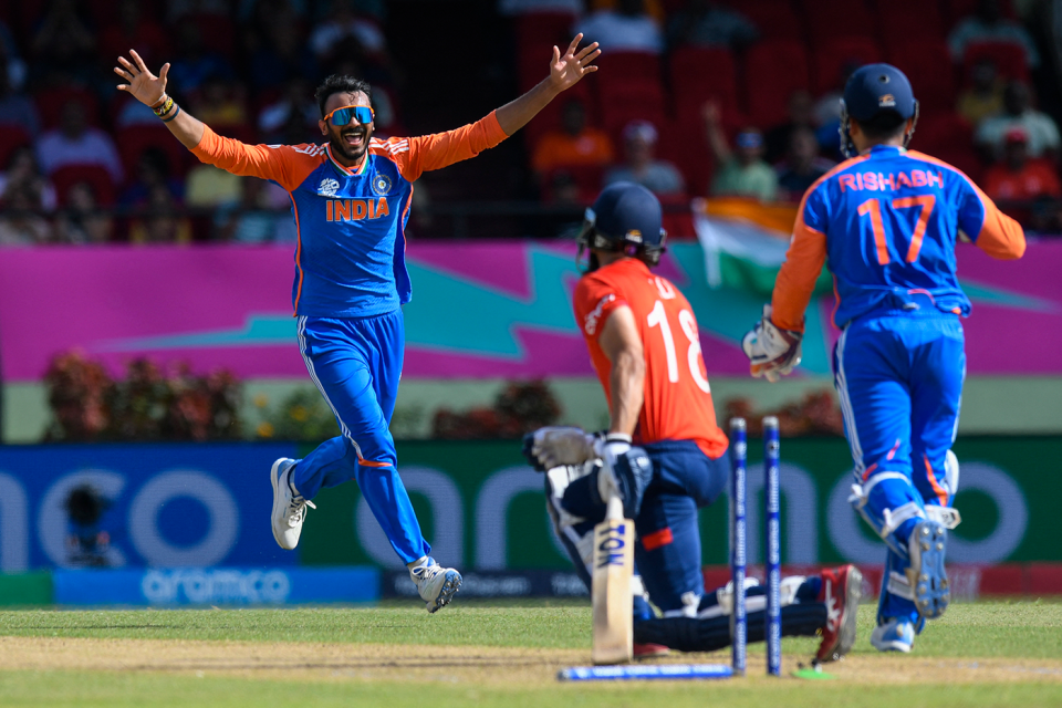 Axar Patel sent back Moeen Ali for his third wicket, England vs India, T20 World Cup semi-final, Providence, Guyana, June 27, 2024