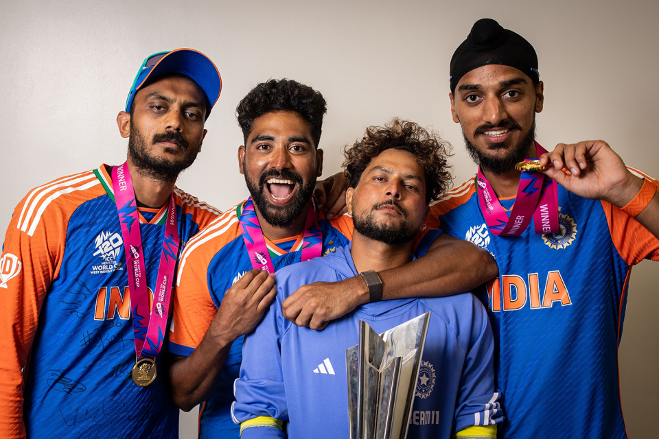 Axar Patel, Mohammed Siraj, Kuldeep Yadav and Arshdeep Siraj celebrate India's T20 World Cup win, India vs South Africa, T20 World Cup final, Bridgetown, Barbados, June 29, 2024