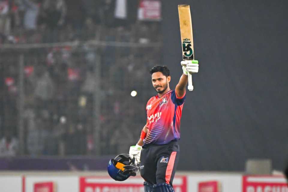 Tanzid Hasan celebrates his century, Rajshahi Warriors vs Chattogram Royals, BPL final, Dhaka, January 23 2026