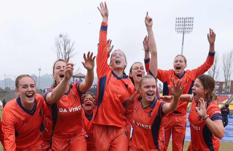 Players of Netherlands Women's team celebrate qualifying for the T20 World Cup 2026, ICC Women´s T20 World Cup 2026 Qualifier Super Six, USA vs Netherlands, Kathmandu, January 28, 2026