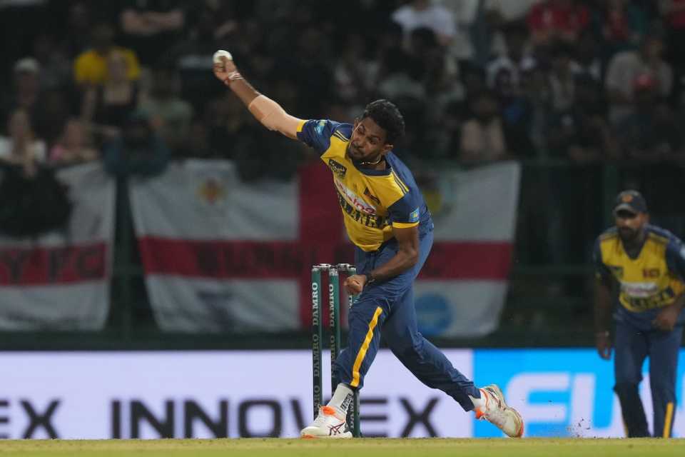 Matheesha Pathirana bowls, his release point still higher than it used to be, Sri Lanka vs England, 1st T20I, Pallekele, January 30, 2026