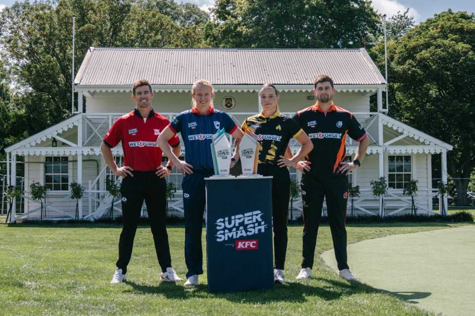 Cole McConchie, Maddy Green, Jess Kerr and Robert O'Donnell pose with the Super Smash trophies, Christchurch, January 31, 2026