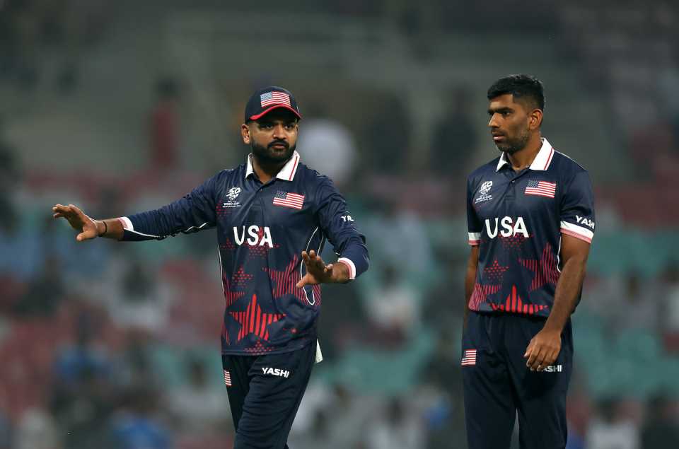 Monank Patel and Saurabh Netravalkar have a chat, India A vs USA, Navi Mumbai, ICC Men's T20 World Cup Warm-up, February 02, 2026, 
