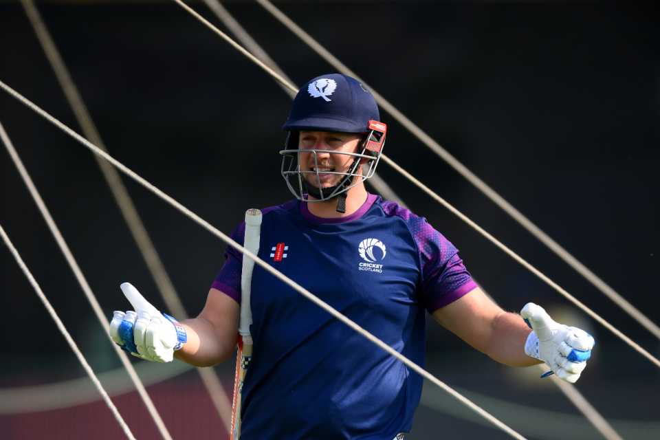George Munsey gesticulates in the nets ahead of Scotland's opening match, Scotland vs West Indies, Men's T20 World Cup, Kolkata