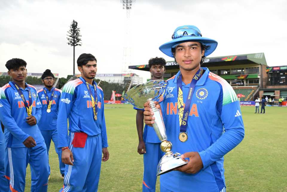 Vaibhav Sooryavanshi poses with the trophy, England vs India, Under-19 men's World Cup final, Harare, February 6, 2026
