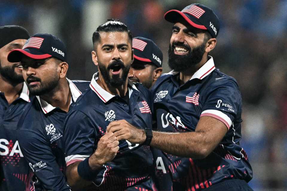 Ali Khan celebrates USA's first wicket, India vs USA, T20 World Cup 2026, Group A, Mumbai, February 7, 2026