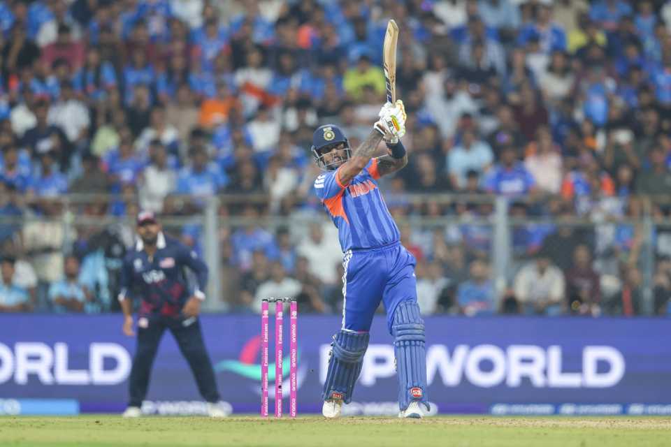 Suryakumar Yadav hits down the ground, India vs USA, Men's T20 World Cup, Group A, Mumbai, February 7, 2026