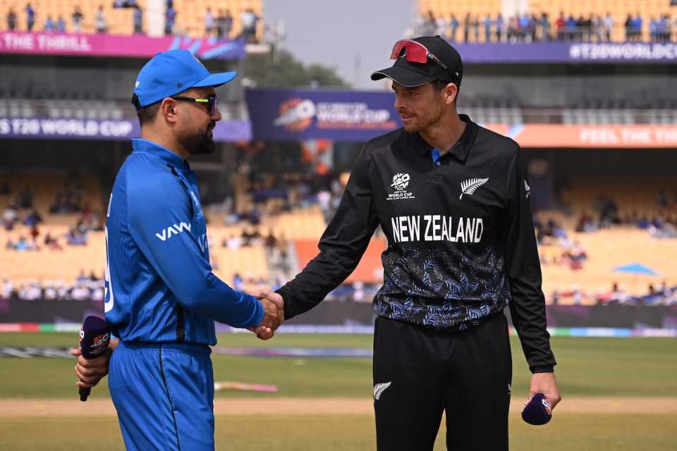 Rashid Khan and Mitchell Santner greet each other at the toss, Afghanistan vs New Zealand, T20 World Cup, Chennai, February 8, 2026