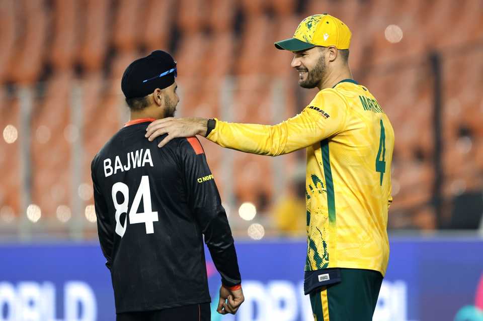 Dilpreet Bajwa enjoys a chat with Aiden Markram after the game, South Africa vs Canada, Men's T20 World Cup, Ahmedabad, February 9, 2026