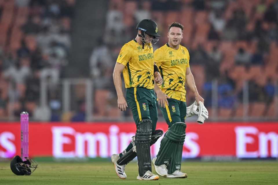 David Miller and Tristan Stubbs walk off after an unbroken 75-run stand, South Africa vs Canada, Men's T20 World Cup, Ahmedabad, February 9, 2026