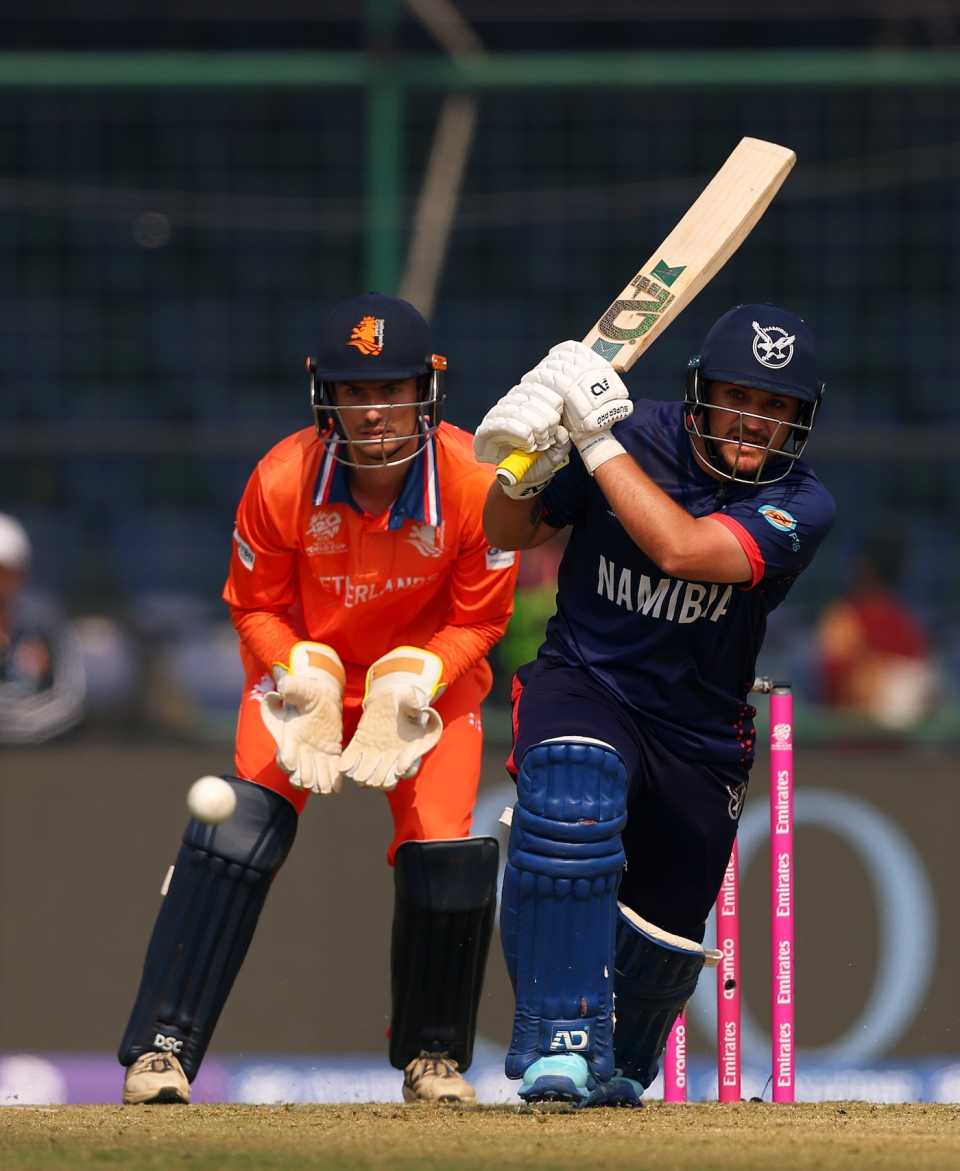 Jan Nicol Loftie-Eaton plays down the ground, Namibia vs Netherlands, T20 World Cup, Delhi, February 10, 2026