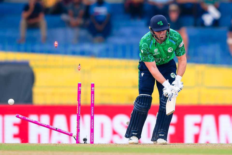 Ross Adair is bowled off a slower ball, Australia vs Ireland, Colombo, T20 World Cup, February 11, 2026