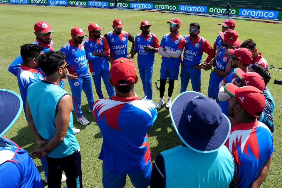 The Oman players thrash out their plans, Sri Lanka vs Oman, T20 World Cup, Pallekele, February 12, 2026