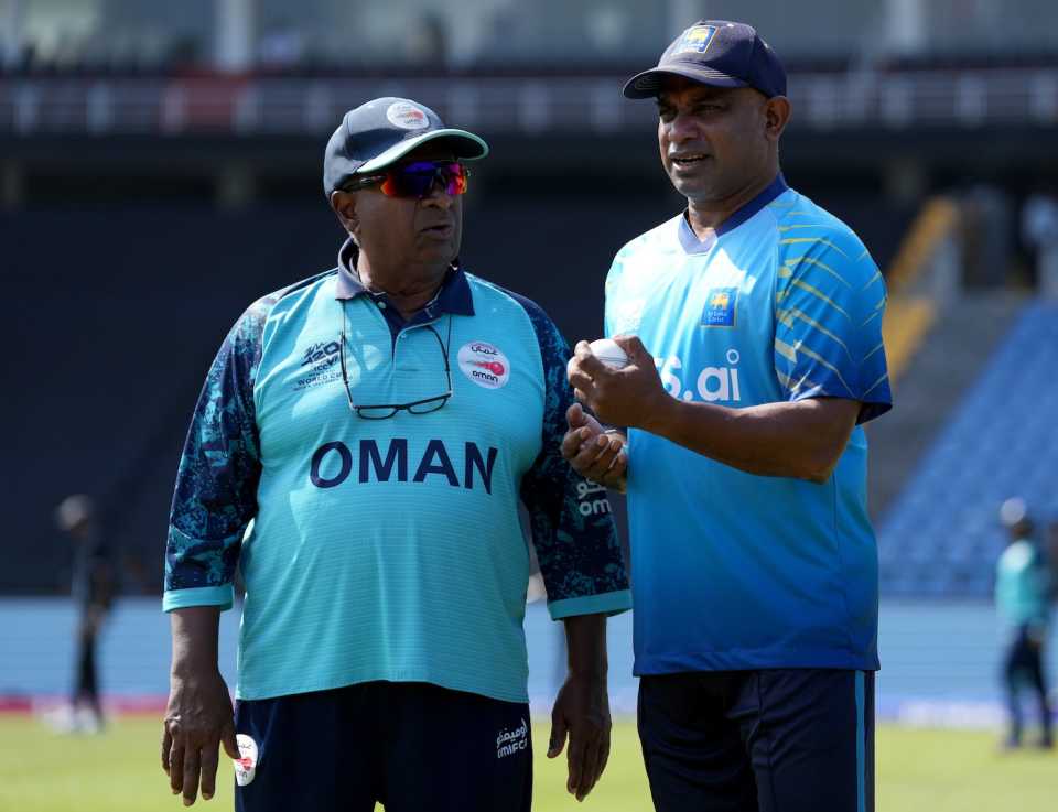 Duleep Mendis and Sanath Jayasuriya, former Sri Lanka captains, now opposing coaches, Sri Lanka vs Oman, T20 World Cup, Pallekele, February 12, 2026