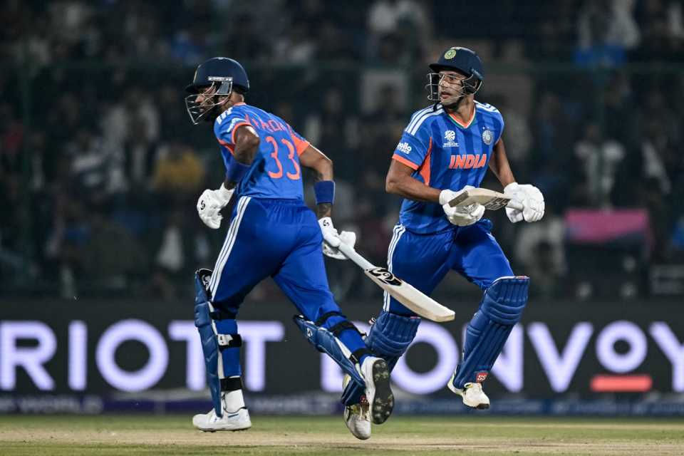 Hardik Pandya and Shivam Dube run between the wickets, India vs Namibia, Men's T20 World Cup, New Delhi, February 12, 2026