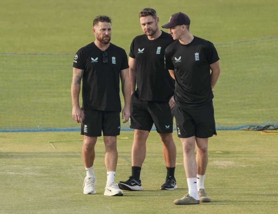 England head coach Brendon McCullum, selector Luke Wright and captain Harry Brook look at the Eden Gardens pitch, England vs Scotland, Men's T20 World Cup, Kolkata, February 13, 2026