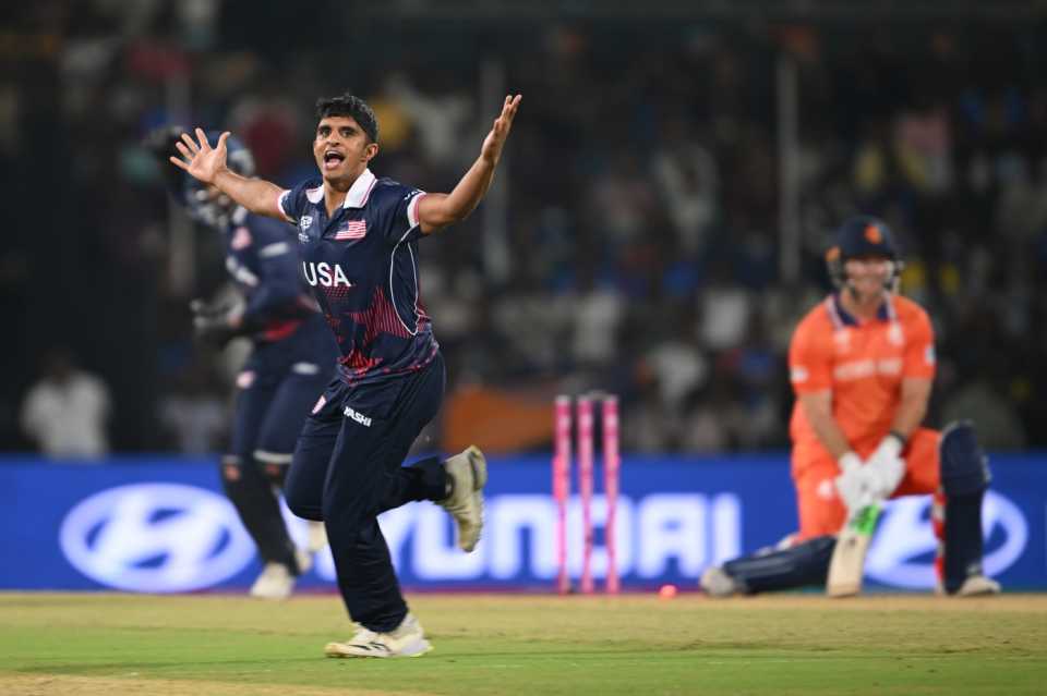 Nosthush Kenjige exults after dismissing Michael Levitt, Netherlands vs USA, T20 World Cup 2026, Group A, Chennai, February 13, 2026