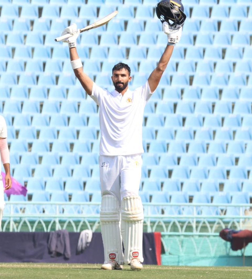 Devdutt Padikkal celebrates after scoring a century, Karnataka vs Utharakhand, Ranji Trophy semi-final, 2nd day, Lucknow, February 16, 2026