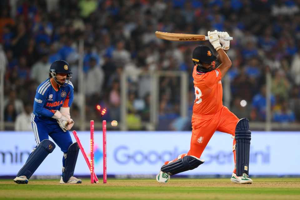 Aryan Dutt is bowled, India vs Netherlands, Ahmedabad, T20 World Cup, February 18, 2026