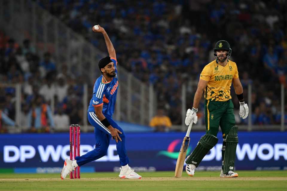 Aiden Markram looks at Arshdeep Singh, the bowler who he fell to later, India vs South Africa, T20 World Cup 2026, Super Eights, Ahmedabad, February 22, 2026