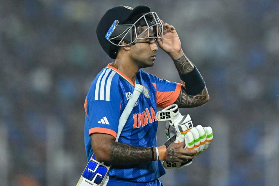 A disappointed Suryakumar Yadav walks back, India vs South Africa, T20 World Cup 2026, Super Eights, Ahmedabad, February 22, 2026