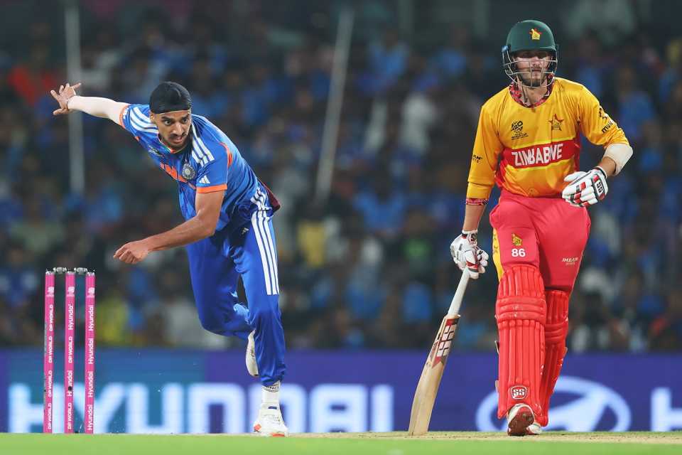 An action photo of Brian Bennett and Arshdeep Singh, India vs Zimbabwe, T20 World Cup 2026, Super Eight, Chennai, February 26, 2026