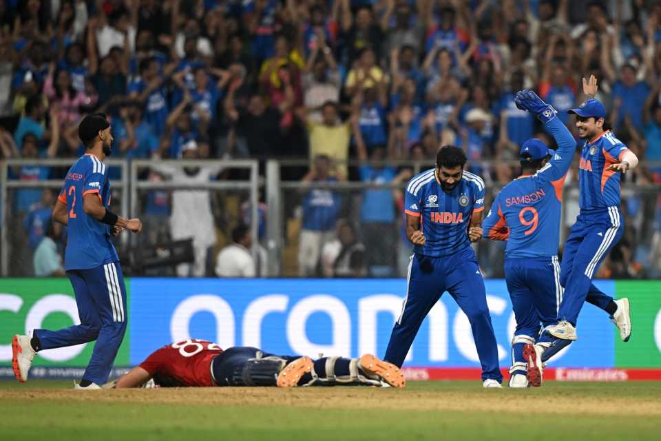 Jacob Bethell lies flat on the ground as Indian players celebrate the run-out, India vs England, T20 World Cup semi-final, Mumbai, March 5, 2026 