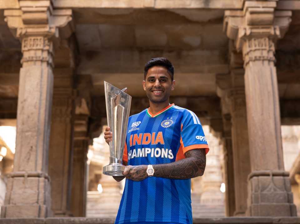 Suryakumar Yadav with the T20 World Cup trophy at Adalaj Stepwell, Gandhinagar, March 9, 2026
