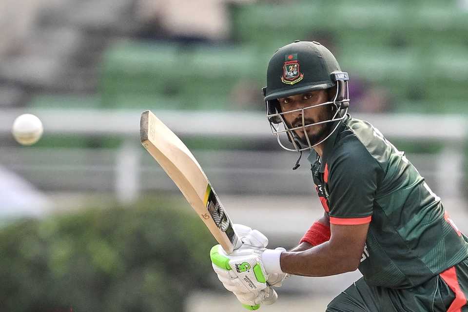 Tanzid Hasan taps the ball away to the off side, Bangladesh vs Pakistan, 3rd ODI, Dhaka, March 15, 2026