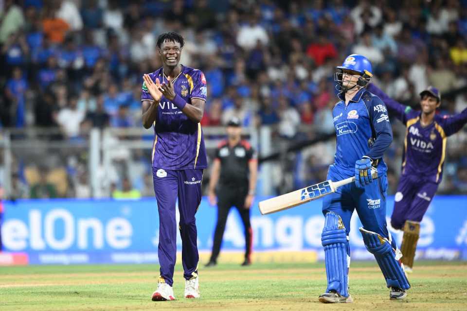 Ryan Rickelton was run out by a direct hit from the outfield, Mumbai Indians vs Kolkata Knight Riders, IPL, Mumbai, March 29, 2026