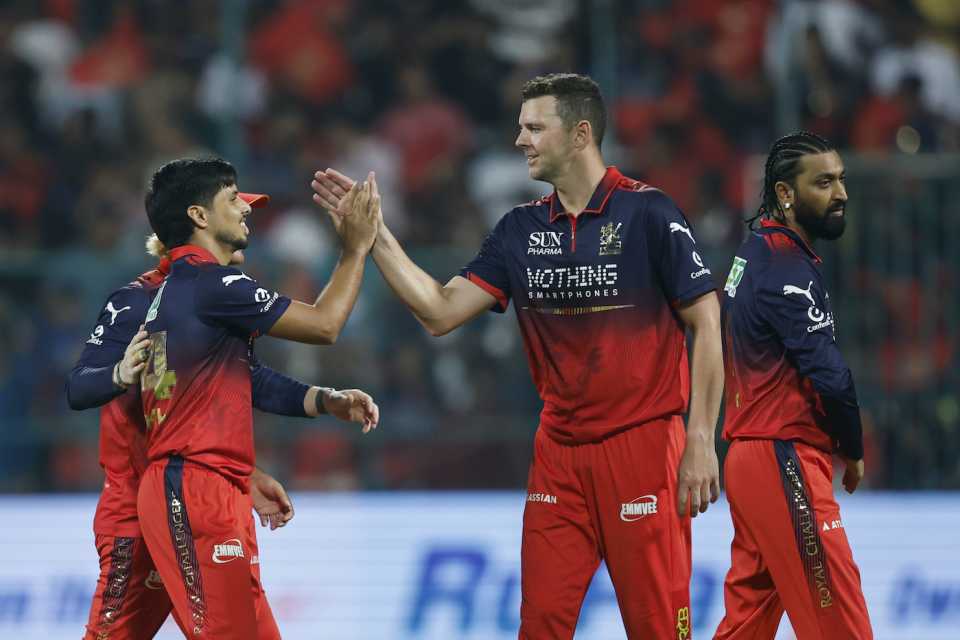Josh Hazlewood, Rasikh Salam and Krunal Pandya were all among the wickets, Royal Challengers Bengaluru vs Lucknow Super Giants, IPL 2026, Bengaluru, April 15, 2026