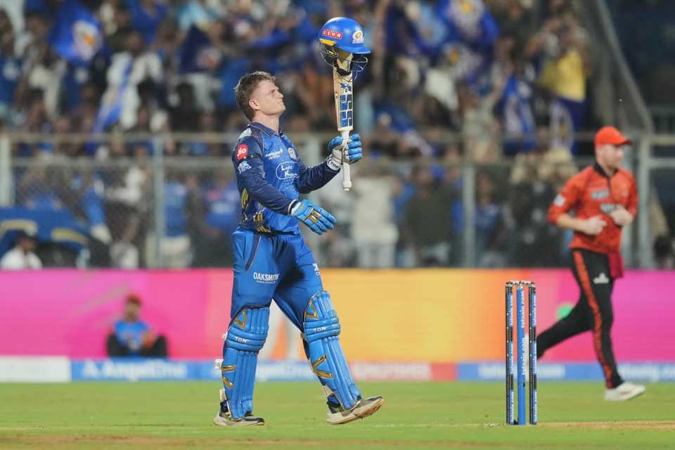 Ryan Rickelton raises his hundred - and his helmet, Mumbai Indians vs Sunrisers Hyderabad, IPL 2026, Mumbai, April 29, 2026