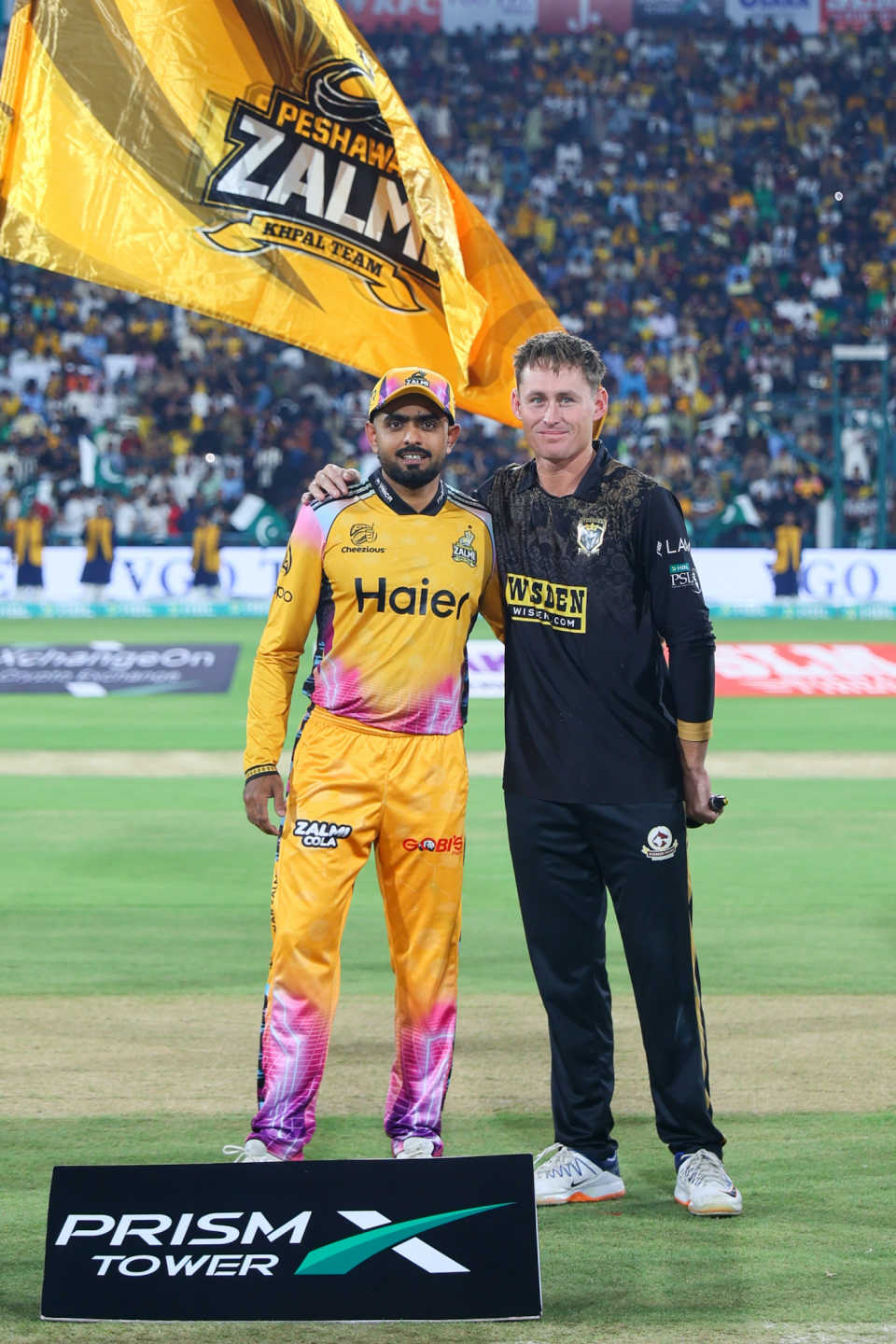 Babar Azam, who won the toss, with Marnus Labuschagne, Hyderabad Kingsmen vs Peshawar Zalmi, PSL 2026 Final, Lahore, May 03, 2026
