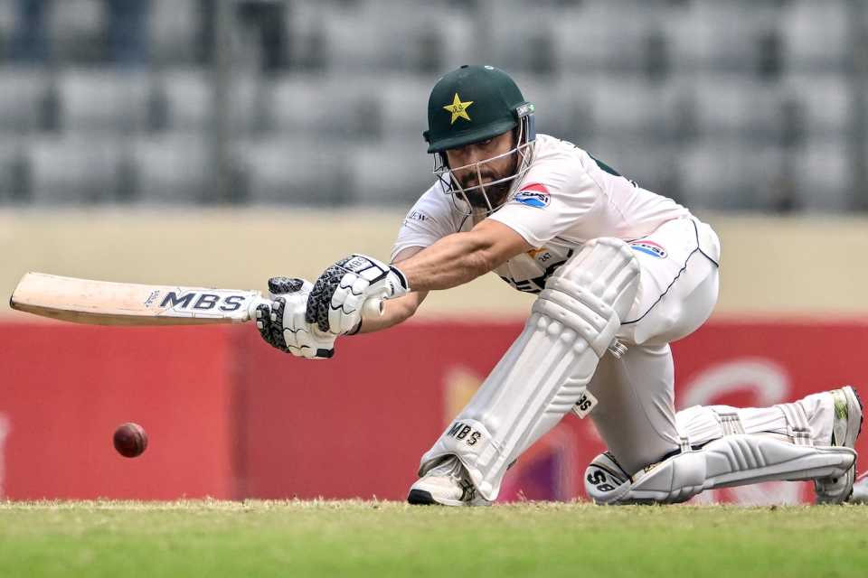Salman Agha gets down to play a sweep, Bangladesh vs Pakistan, 1st Test, Mirpur, 3rd day, May 10, 2026