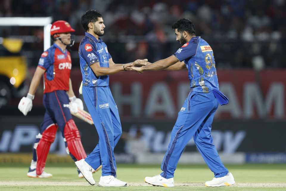 Raj Bawa is congratulated by Jasprit Bumrah on taking a wicket, Punjab Kings vs Mumbai Indians, IPL 2026, Dharamsala, May 14, 2026